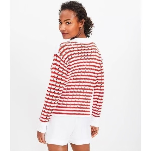 Loft Red and White Striped Cotton Women's Sweater - Picture 2 of 7